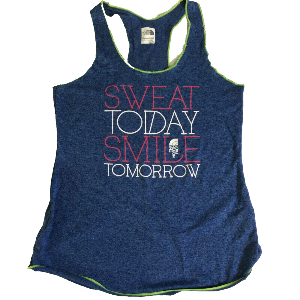 The North Face Womens Blue Sleeveless Tank Top Size M Sweat Today Smile Tomorrow