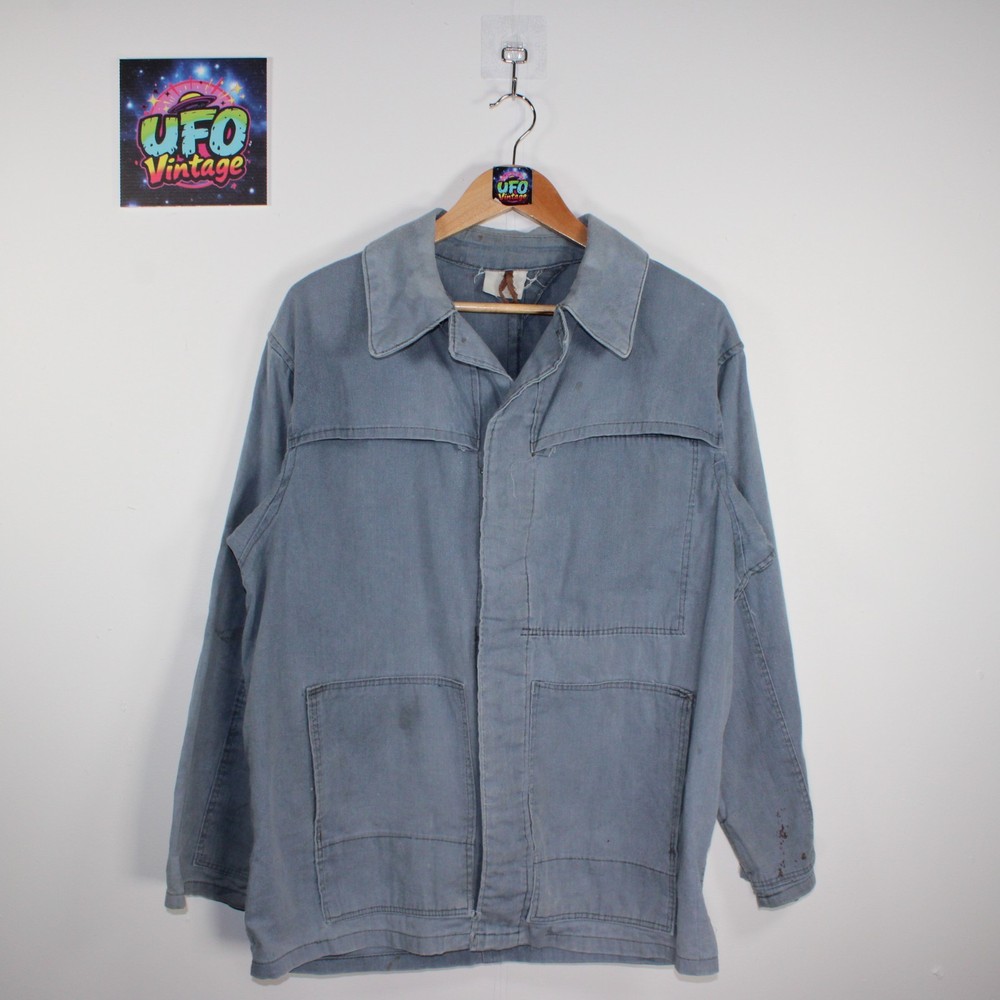 Vintage French Workwear jacket Mens UK Medium Dusty Blue Heavy Cotton Twill 70s