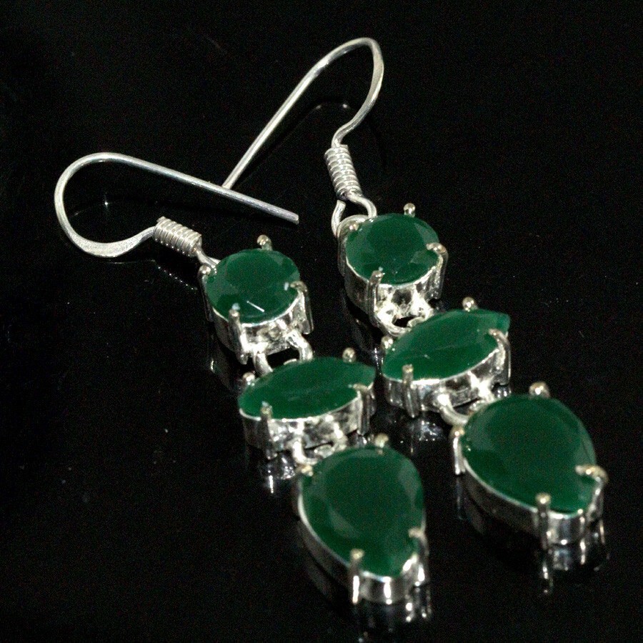 925 Silver Plated Green Onyx Ethnic Earrings Handmade Jewelry Size 2.2