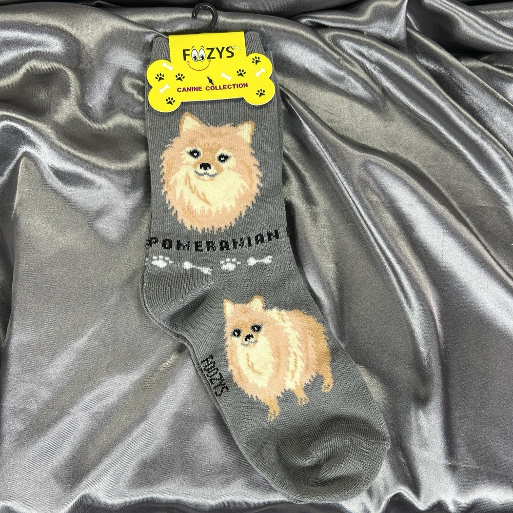 Foozy's Socks Women Sizes 9-11 Canine Gray Pomeranian Print Crew Length NWT Gift
