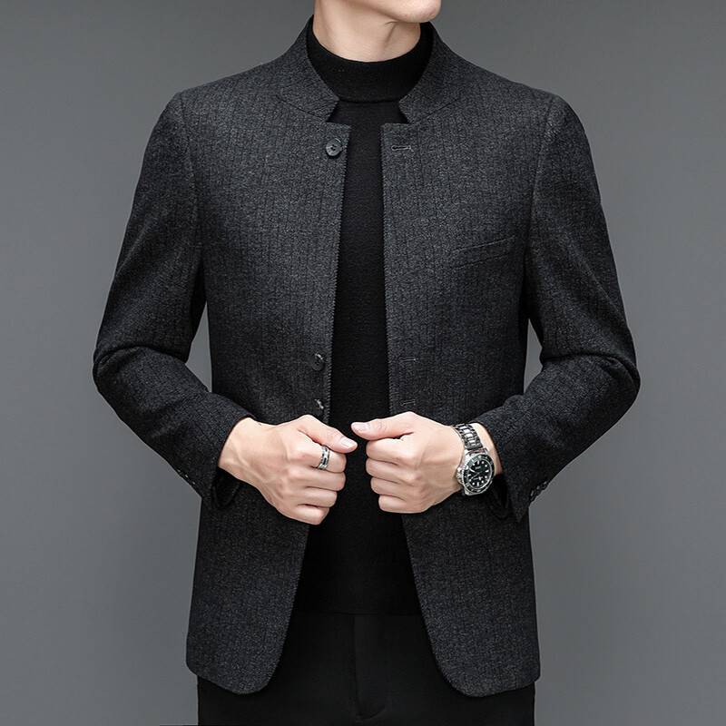 Men Tweed Suit Blazer Jacket Coat Mandarin Collar Single-Breasted Slim Formal