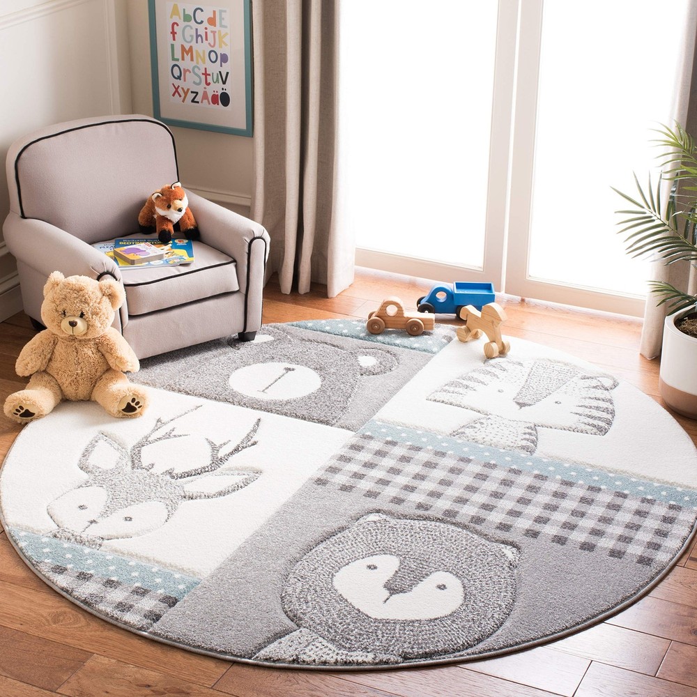 8ft Round Grey Ivory CRK188B Kids Animal Print Non-Shed Nursery Rug
