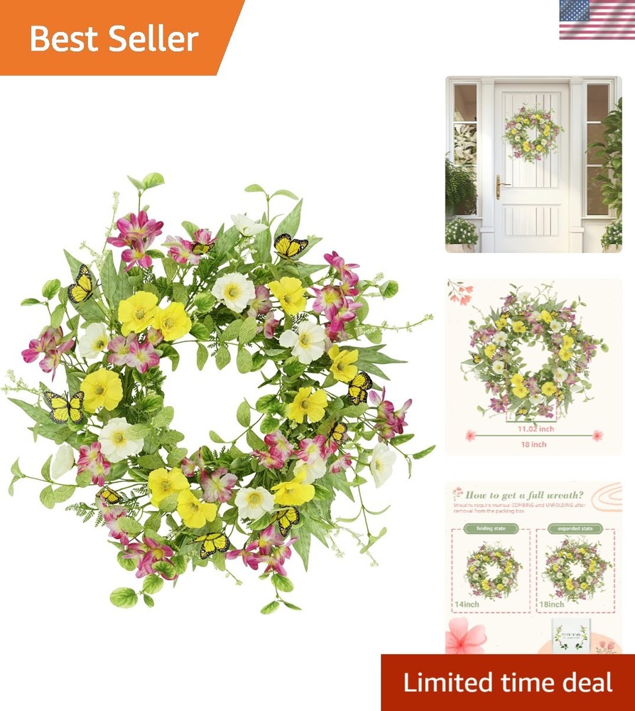 Elegant 18-Inch Daisy Butterfly Wreath for Spring Summer Door Decor