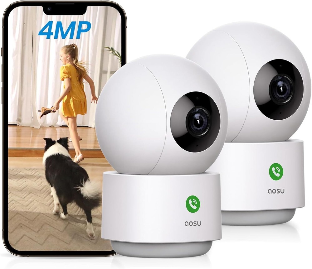 Compact 4MP Indoor Security Camera with 360° View - Baby & Pet Monitor 2-Pack