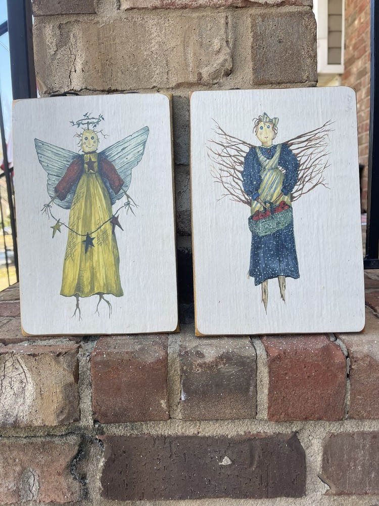 Two Folk Pictures Scarecrow Angels