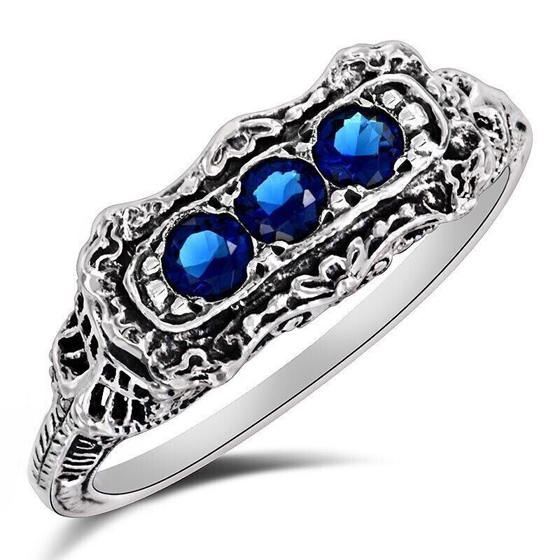 1CT Treated Sapphire Victorian Ring in 925 Sterling Silver Size 6 FB2-4