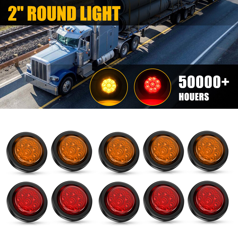 10-Pack 2-Inch 9-LED Red and Amber Round Clearance Side Marker Lights for Trucks and Trailers
