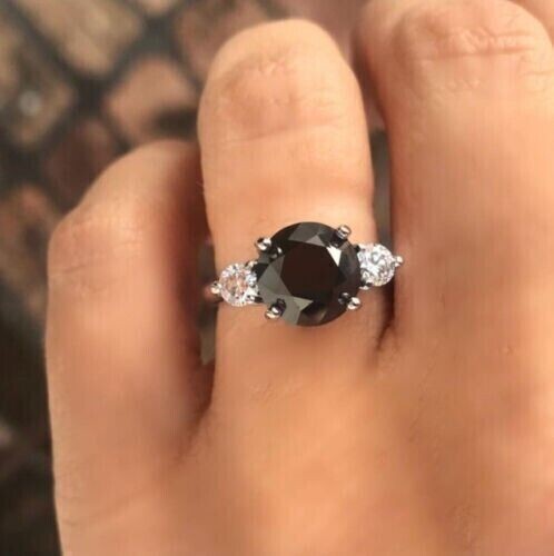 Three Stone Ring 2Ct Round Cut Simulated Black Diamond In 14k White Gold Plated