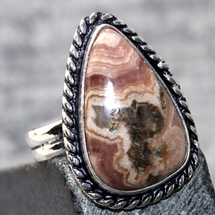 925 Silver Plated Handmade Rhodochrosite Ethnic Ring Size US 7.5 JW