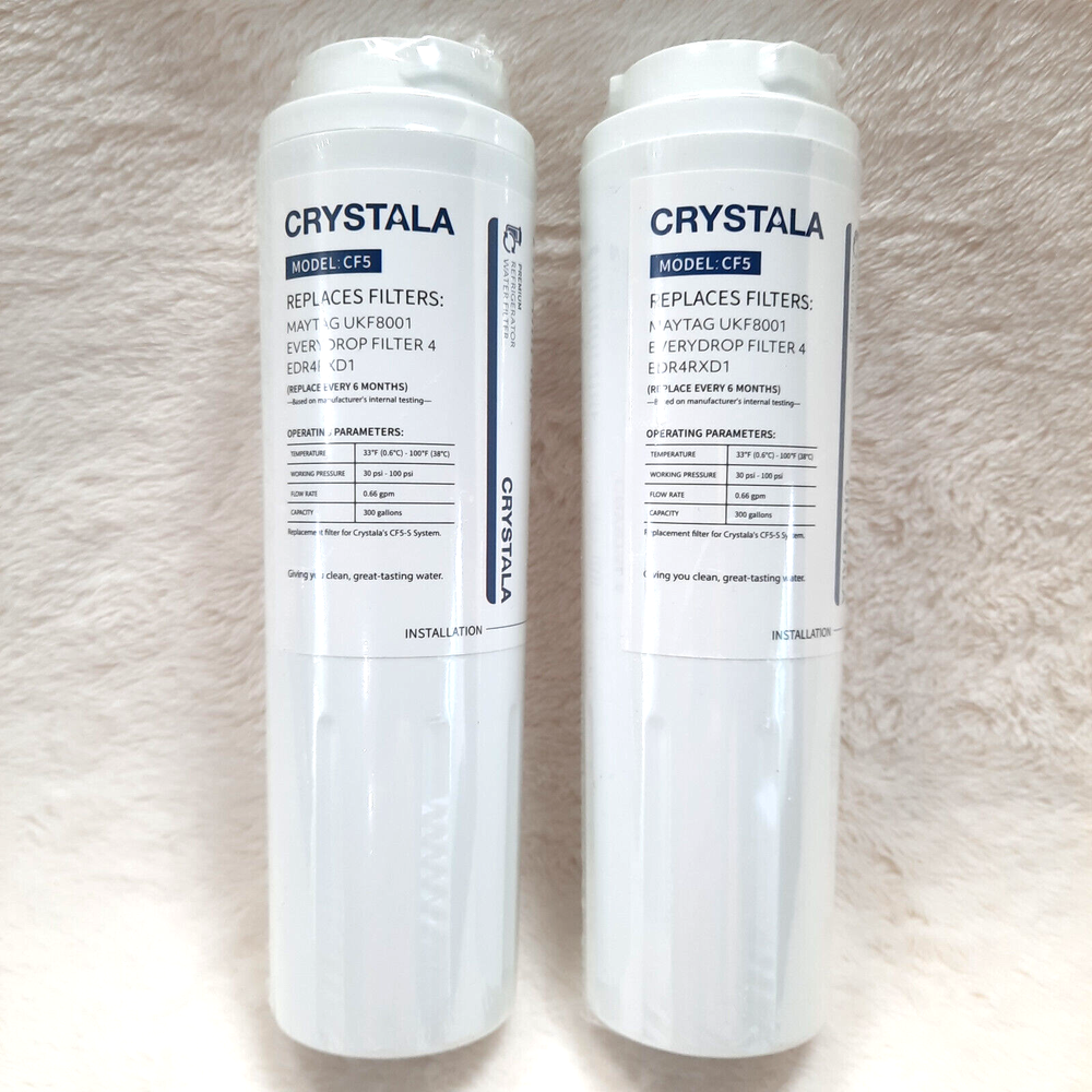 Crystala Premium CF5 Refrigerator Water Filter 2-Pack Sealed UKF8001 Replacement