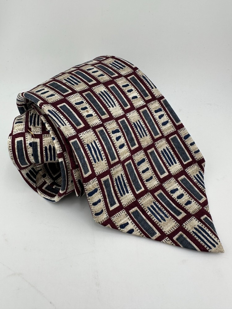 Nordstrom Silk Tie Burgundy Beige Blue Geometric Pattern Classic Men’s