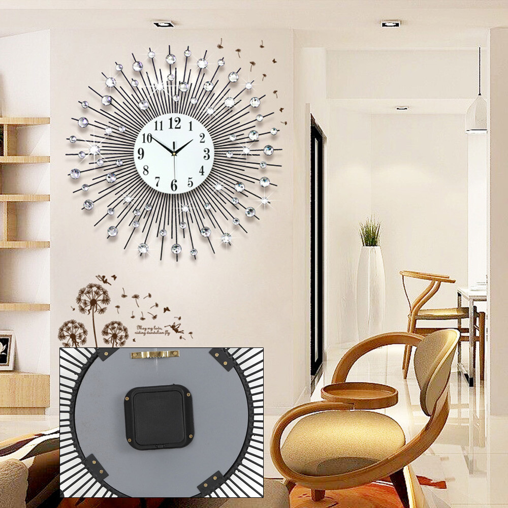 Modern Wall Clock Vintage Metal Crystal Sunburst Luxury Diamond Quartz 60cm