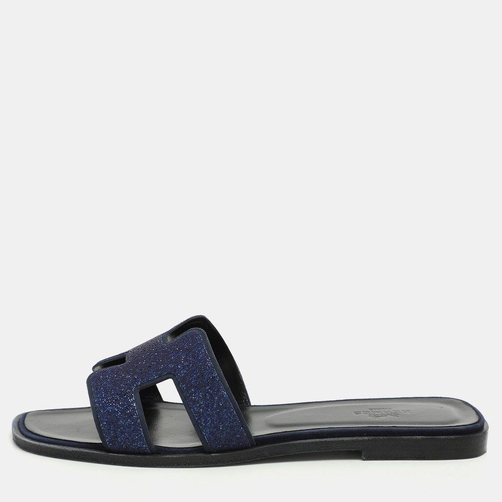 Hermes Blue Crystal Embellished Leather Oran Sandals Size 38 EU