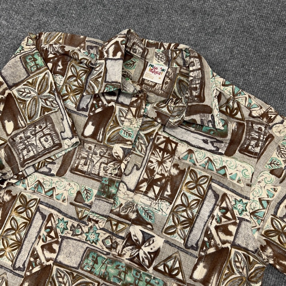 Go Barefoot Hawaiian Shirt Mens M Brown Green Geometric Popover Button Up