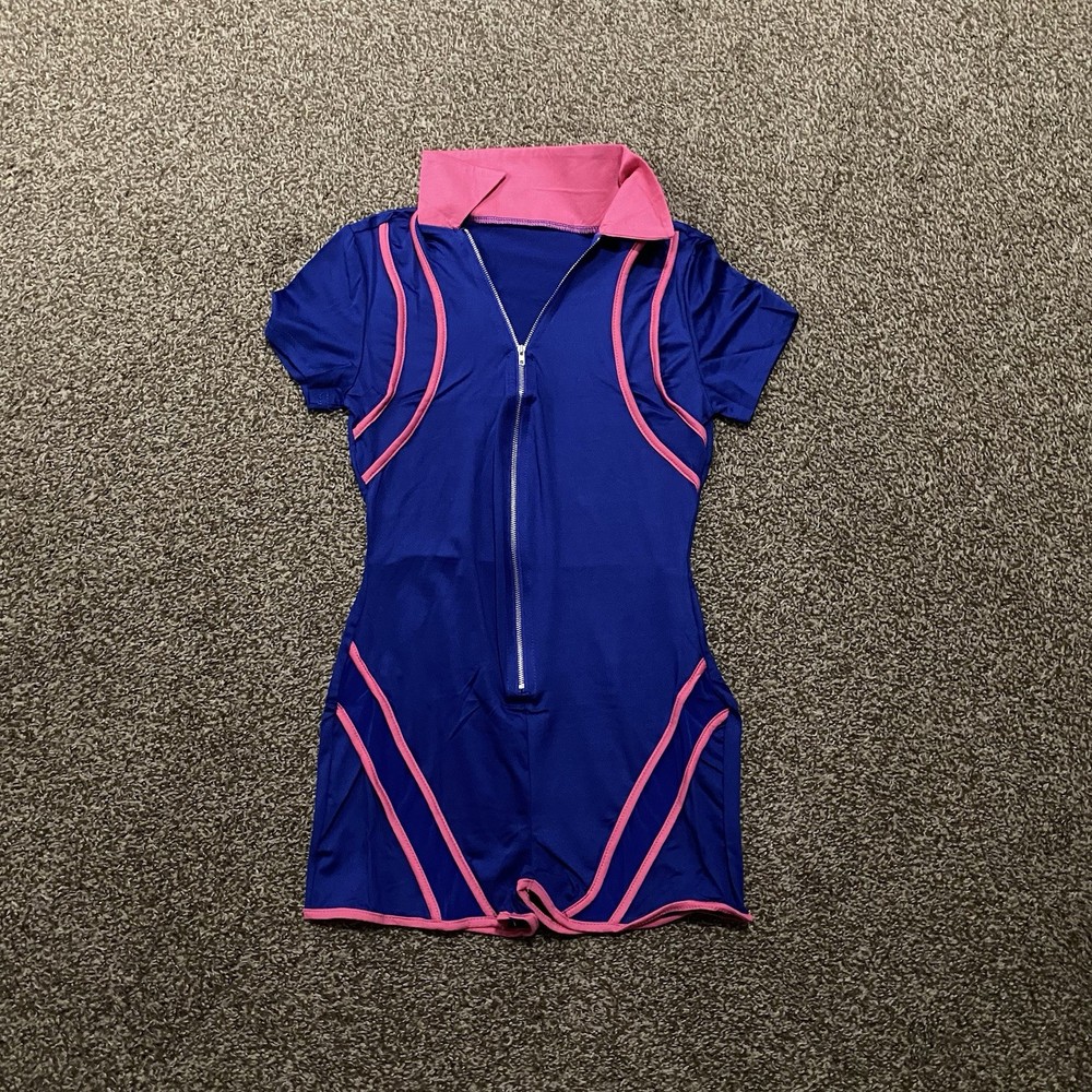 one-piece short sleeve athletic zipper front and contrasting piping romper