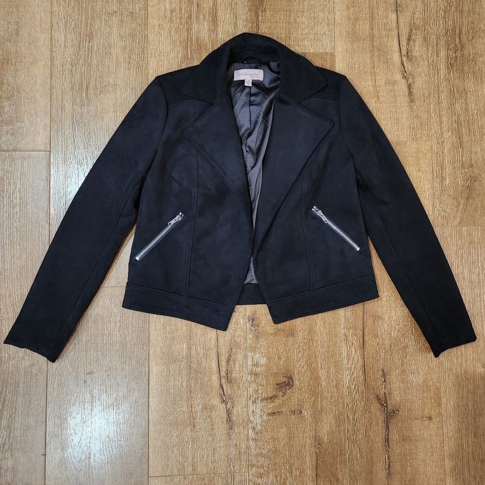 Philosophy black faux suede black moto jacket sz XS cropped biker pockets open