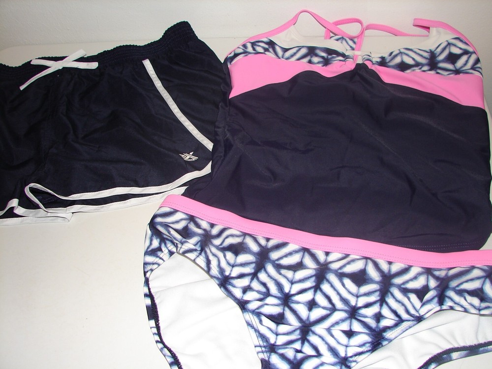 Zero Xposur Navy & Pink 3 Piece Tankini + Swim Shorts Swimsuit Set Girl's Sz 16