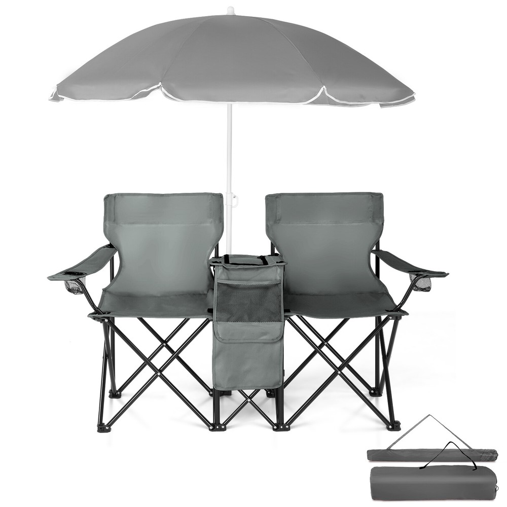 Portable Grey Outdoor 2-Seat Folding Chair with Removable Sun Umbrella for Comfortable Relaxation