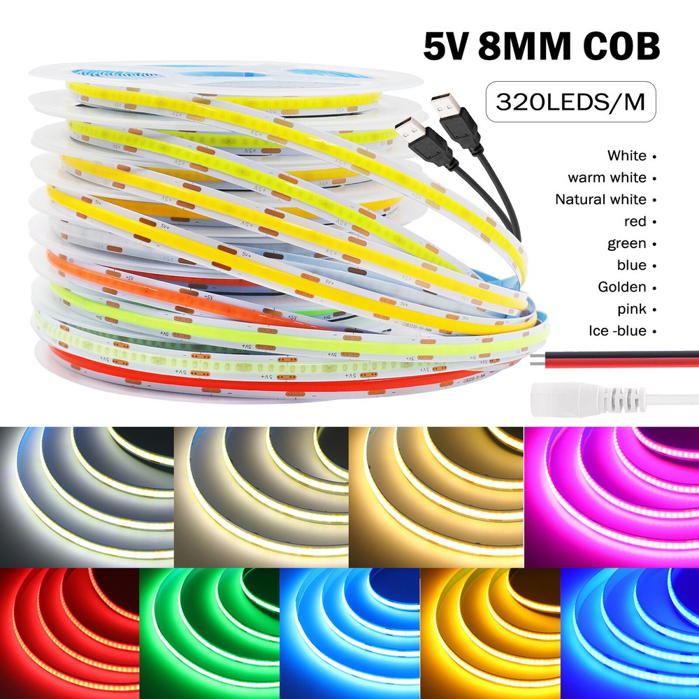 5V 8MM COB LED Strip Light Flexible Tape Lights Home DIY Lighting Warm White