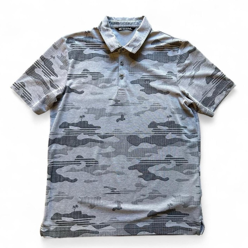 Travis Mathew Polo Shirt Mens L Gray Camo Performance Golf Logo Stretch