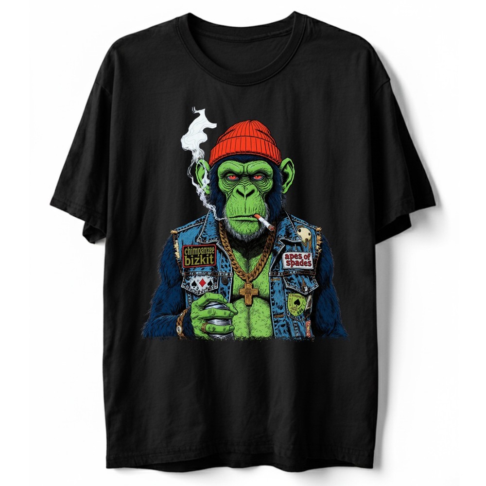 Funny Ape T-Shirt Smoking Chimp Biker Vest Grumpy Chimpanzee Monkey Graphic Tee