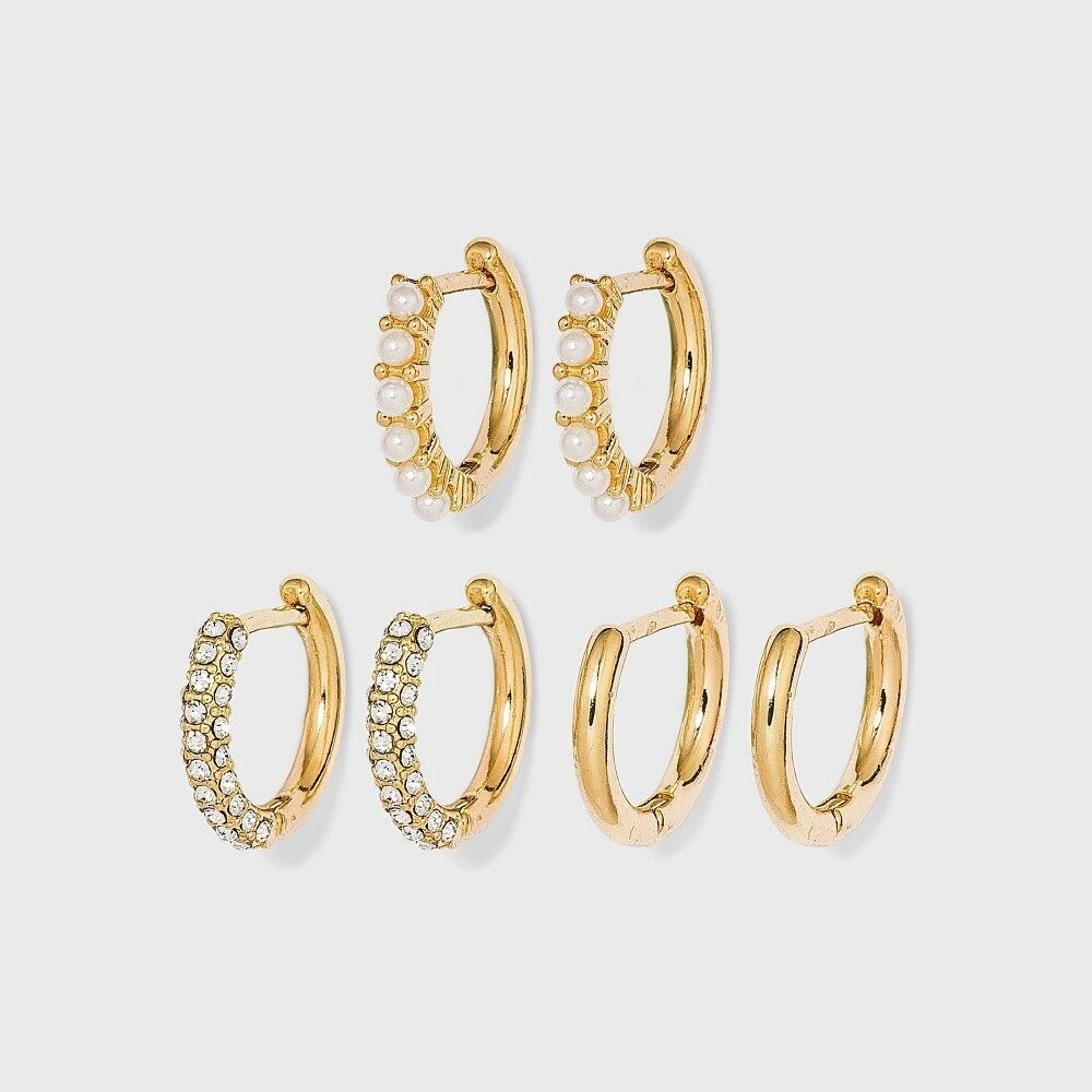 Sugarfix by Baublebar Crystal Gold & Pearl Hoop Earrings Set - 3 pc - Gold