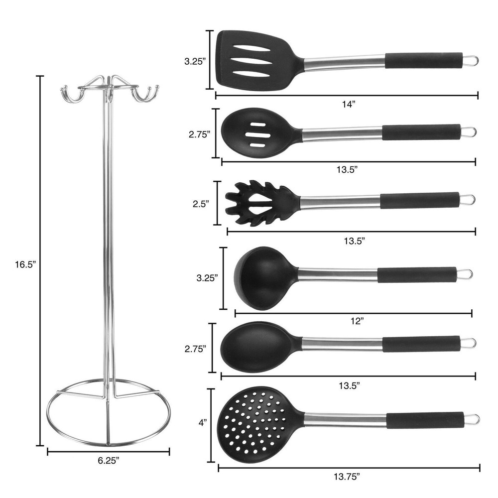 7-Piece Stainless-Steel Silicone Kitchen Utensils Set with Holder Stand Durable