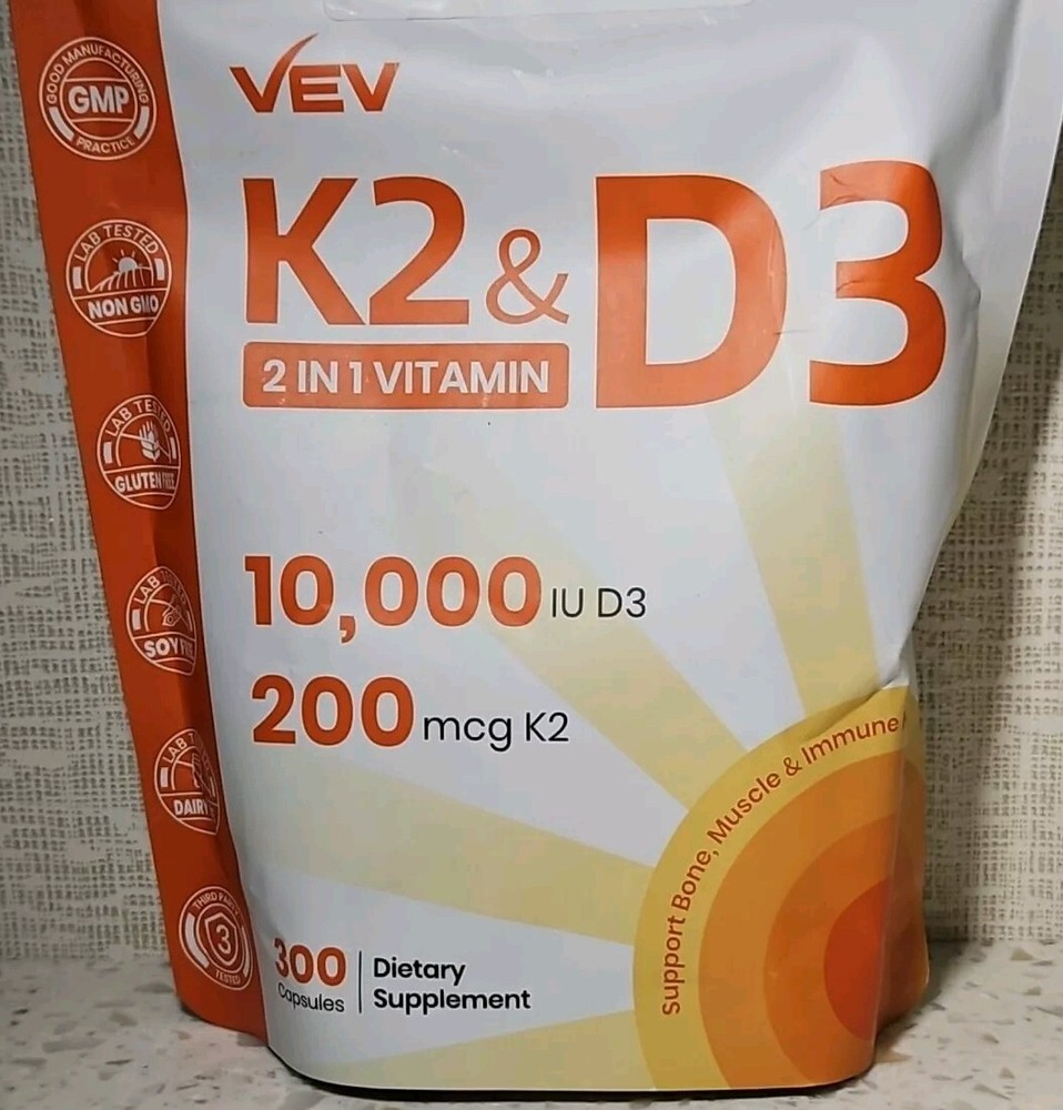 VEV Vitamin K2 (200mcg) & D3 (10,000 IU) 2in1 Vitamin 300 capsules 09/2026