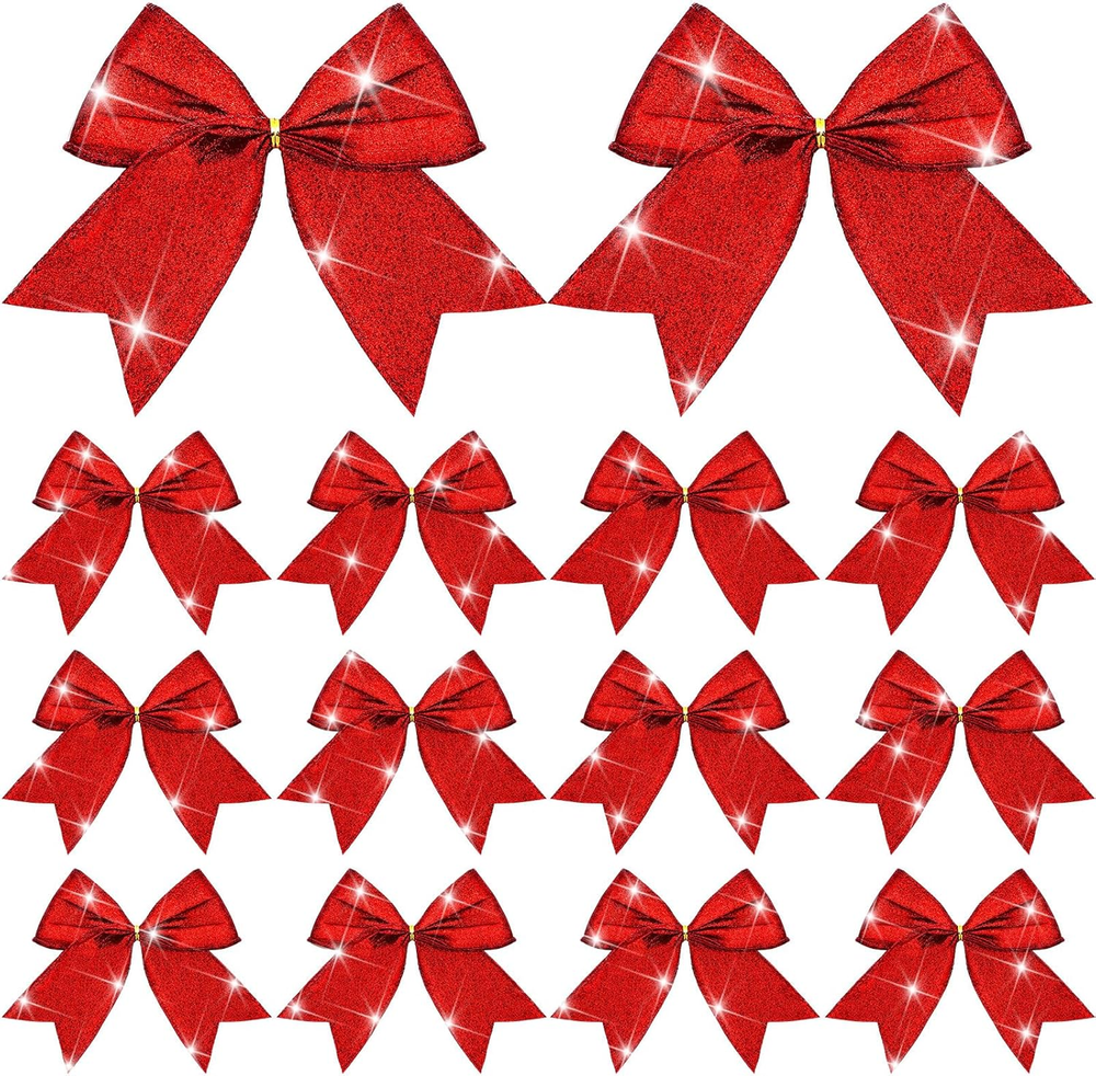 24 Pcs Red Christmas Bow Decorations 6 X 6 Inches, Glitter Holiday Ornaments Seq