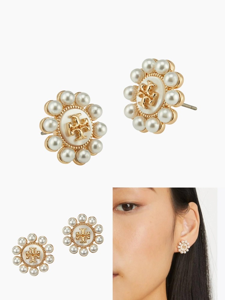 Tory Burch Kira Pearl Flower Stud Earrings Lady Perfect Gift 💝