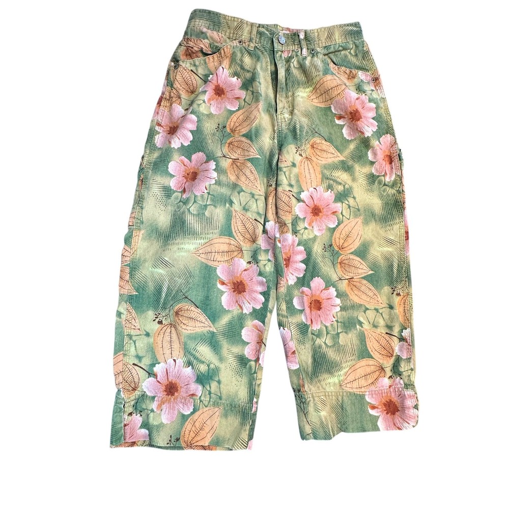 Bill Blass Jeans Capris Womens 6 Green Pink Floral Carpenter Hammer Loop Pants