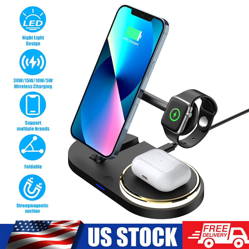 US 4 in 1 Fast Wireless Charger Charging Station For Apple Watch SE iPhone 16 15