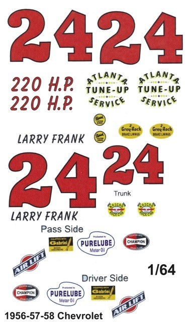 #24 Larry Franks 1956-58 CHEVROLET 1/64th HO Scale Slot Car Waterslide Decals