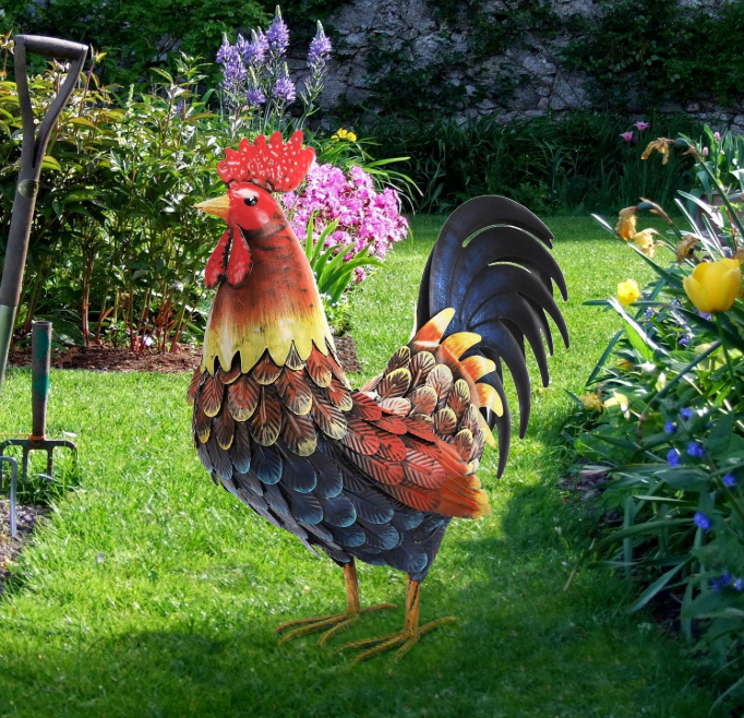 Metal Rooster Garden Statue Outdoor Yard Art Sculpture Chicken Decor