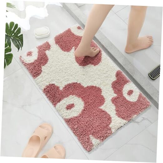 Cute Blossom Pink Fluffy Flower Bath Mat 24x16 Inches Soft Non-Slip