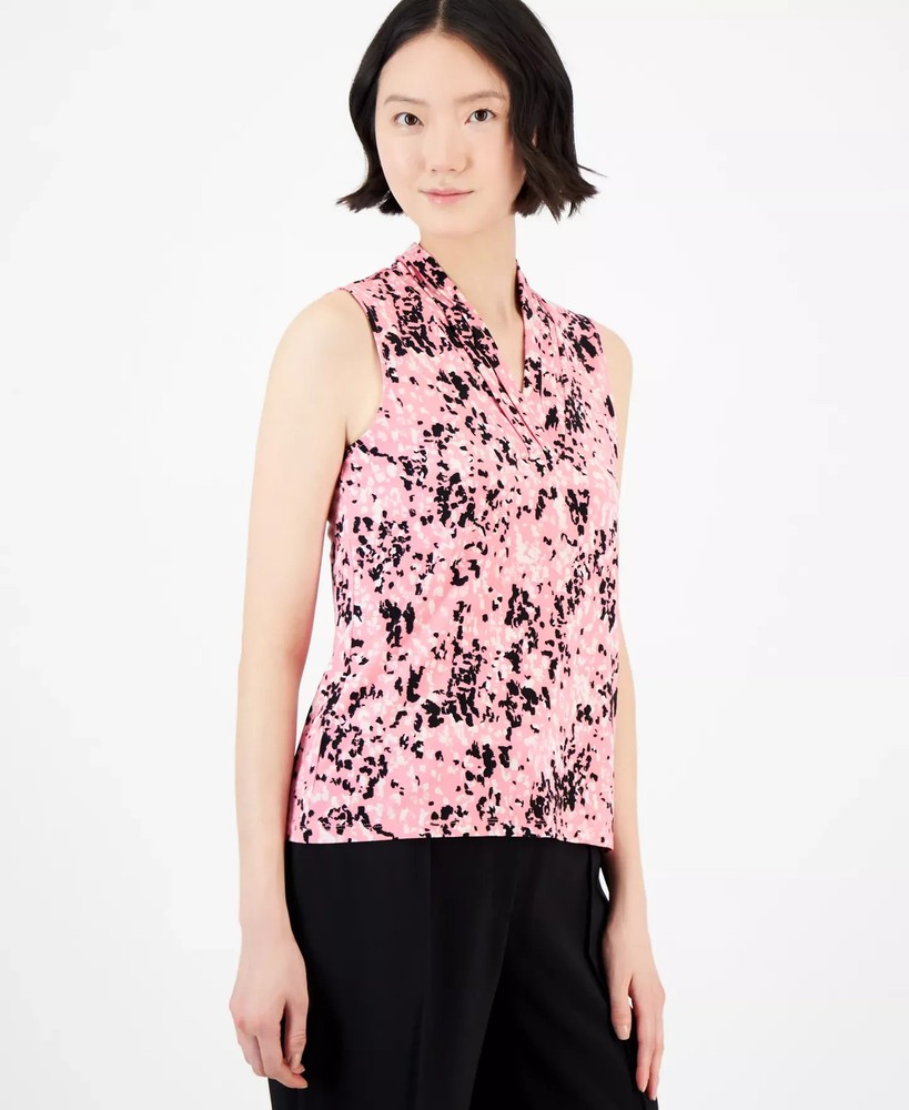 Anne Klein Women's Top Sz XS Pleated-Neck Printed Sleeveless