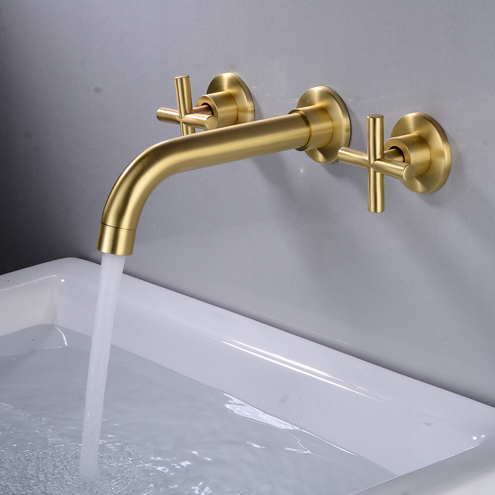 Wall Mount Brass Waterfall Bathroom Sink Faucet with Dual Handles