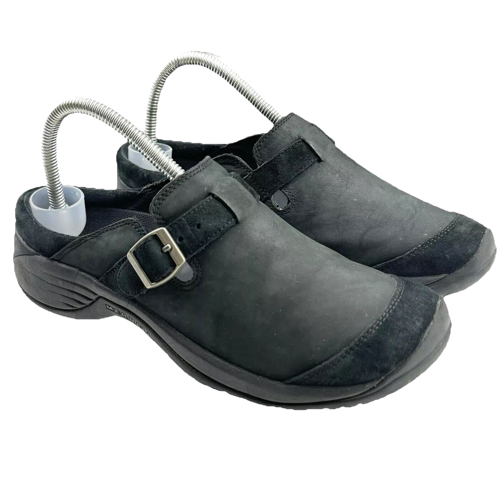 Merrell Encore Buckle Nubuck Leather Slip On Mules Womens Size 8.5 Black