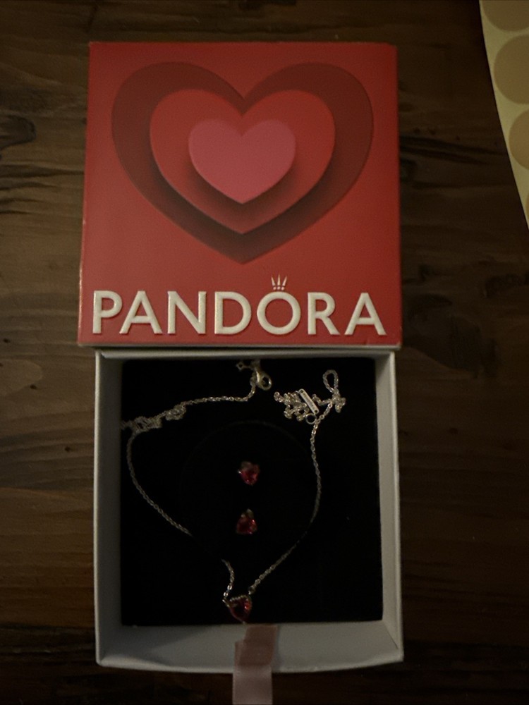 PANDORA Sparkling Red Heart Necklace and Earrings Jewelry Gift Set