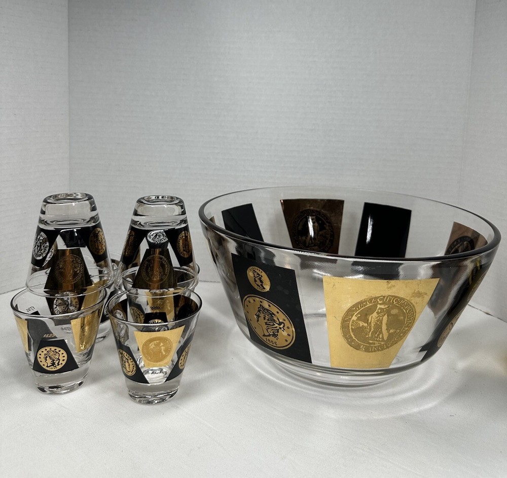Cera Clock Black & Gold 22k Punch Bowl 10” Bar Ware W/  6 Glass Set
