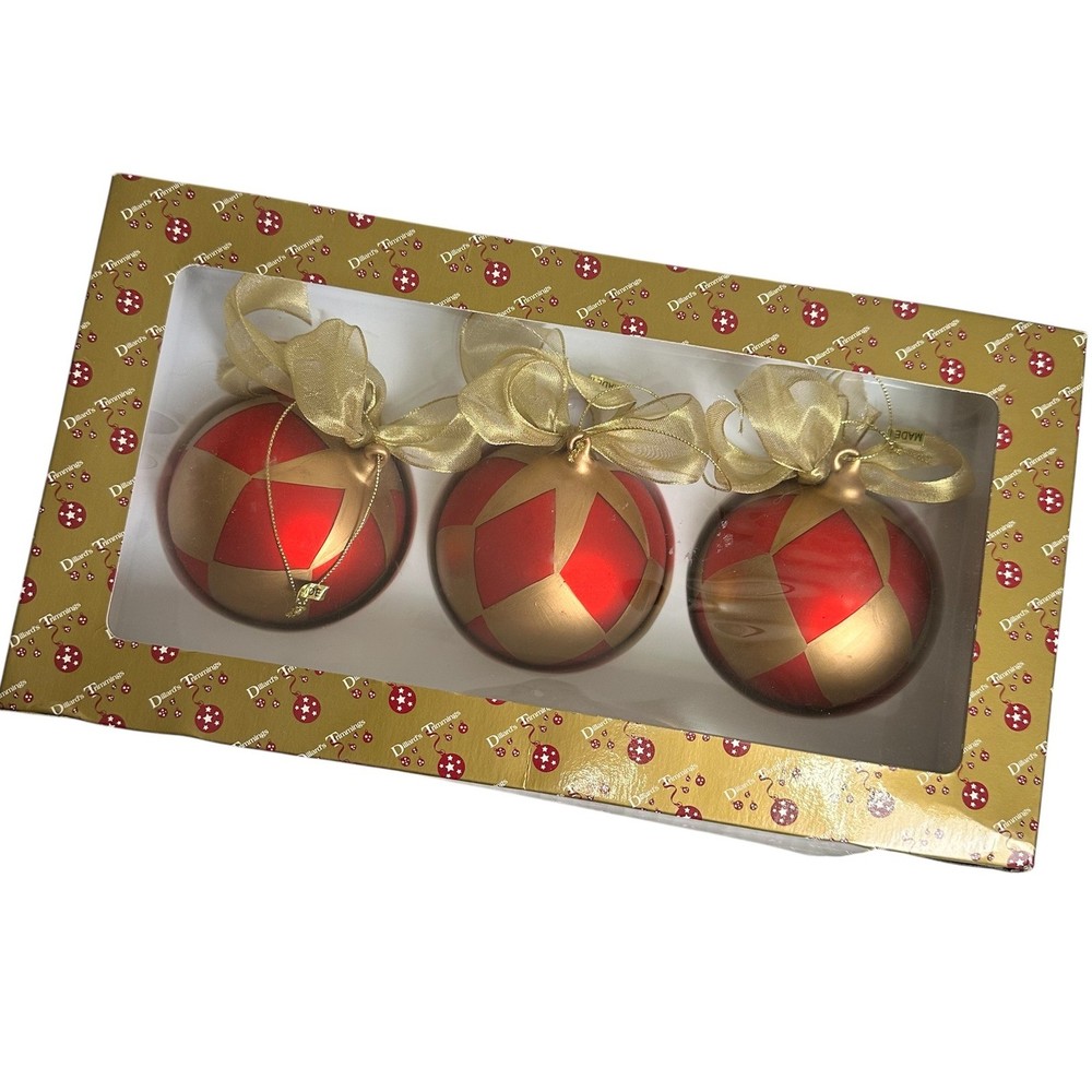 Vintage Dillards Trimmings Christmas Tree Ornaments Red Gold Set of 3 in Box