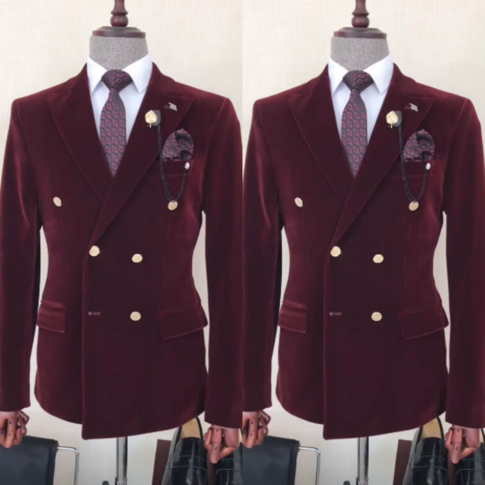 Formal Men's Suit Velvet Burgundy Tuxedo Jacket Peak Lapel Prom Evening 2Pcs