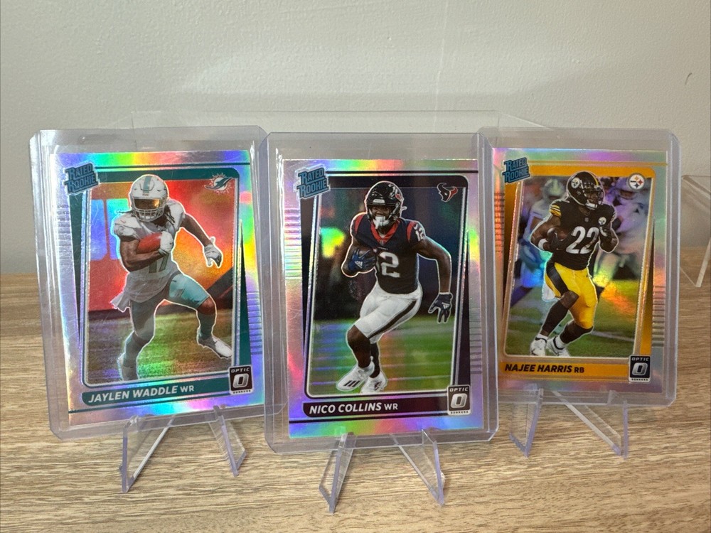 2021 Panini Donruss Optic Rated Rookie Holo Lot featuring Collins, Waddle, and Harris – 3 Premium Football Cards
