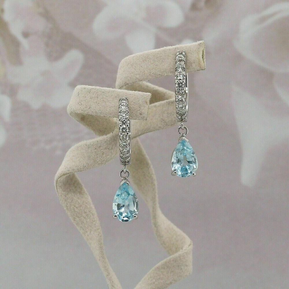 2Ct Pear Cut Simulated Aquamarine Dangle Earrings in 14K White Gold Plating