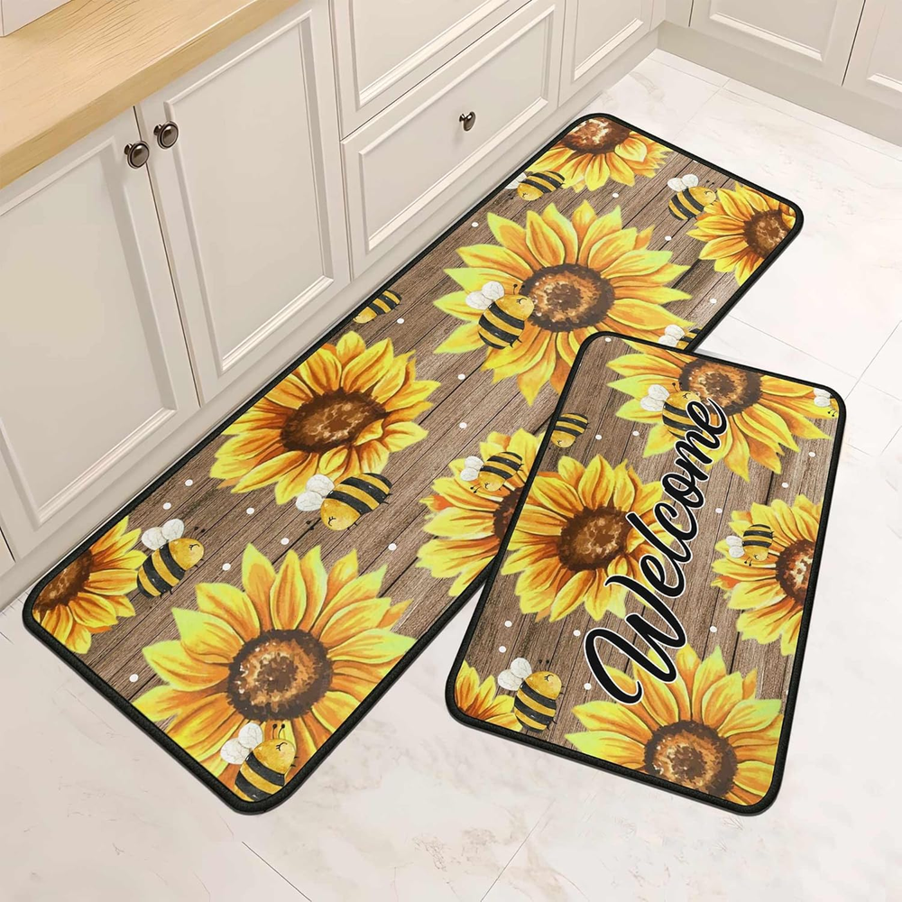 Sunflower Kitchen Rugs and Mats Set of 2 Non Slip Backing Bee Kitchen Rug Kit...