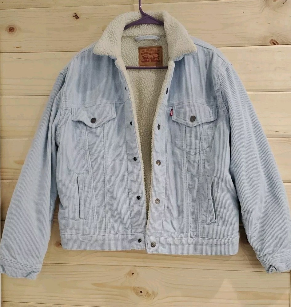 LEVI's Light Blue Premium Ex-Boyfriend Corduroy Sherpa Lined Trucker Jacket LARG