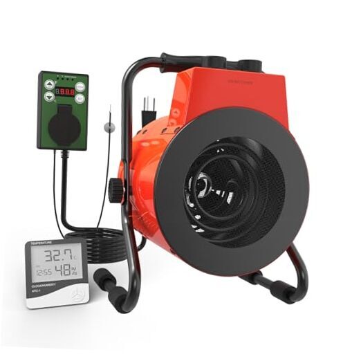 Greenhouse Heater with Digital Thermostat & Hygrometer, Portable Outdoor Red