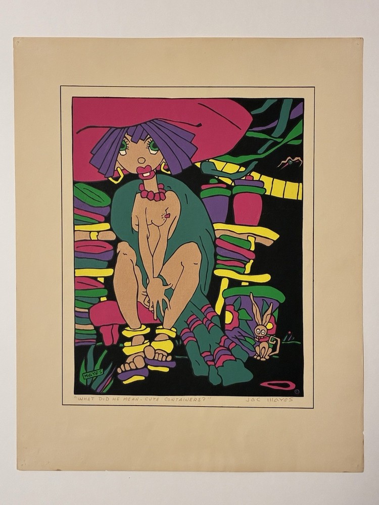 Vintage Artist Signed Screen Printed Poster Topless Native Black light Style