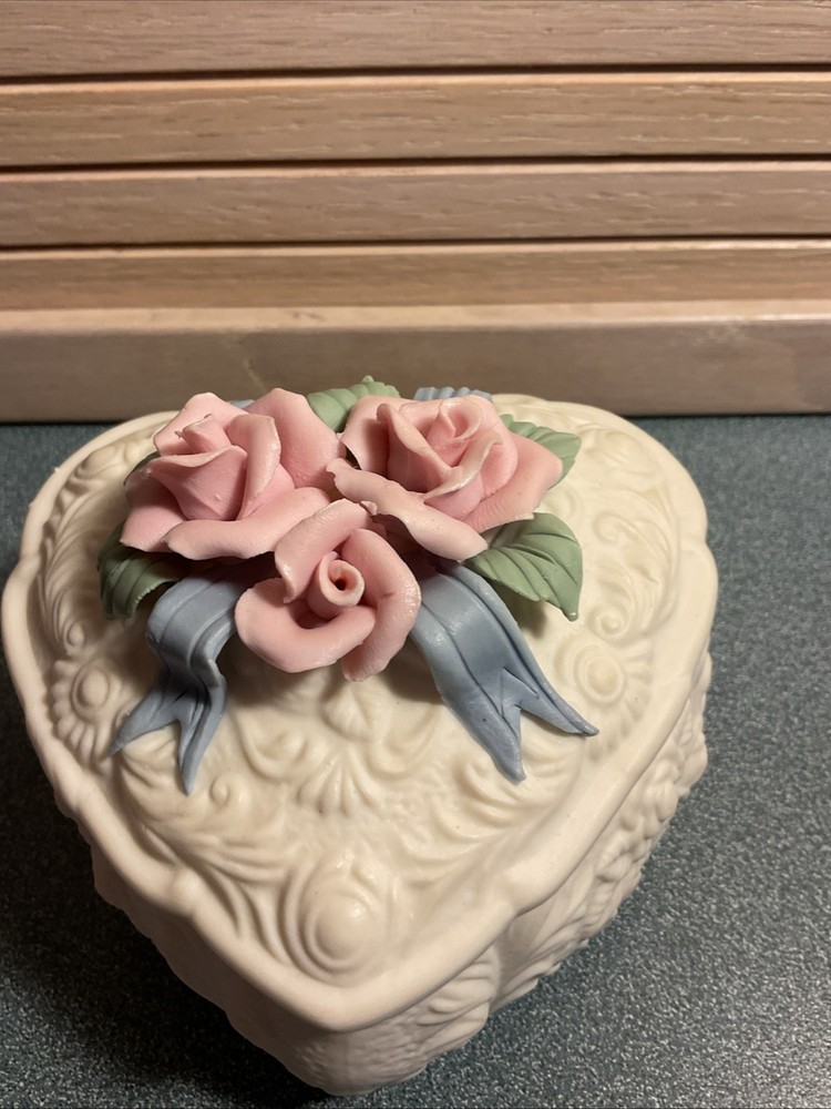 Vintage Heart-Shaped Porcelain Jewelry Trinket Box