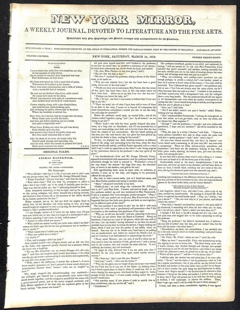 New-York Mirror Weekly Journal Literature Fine Arts Newspaper 3/16/1839